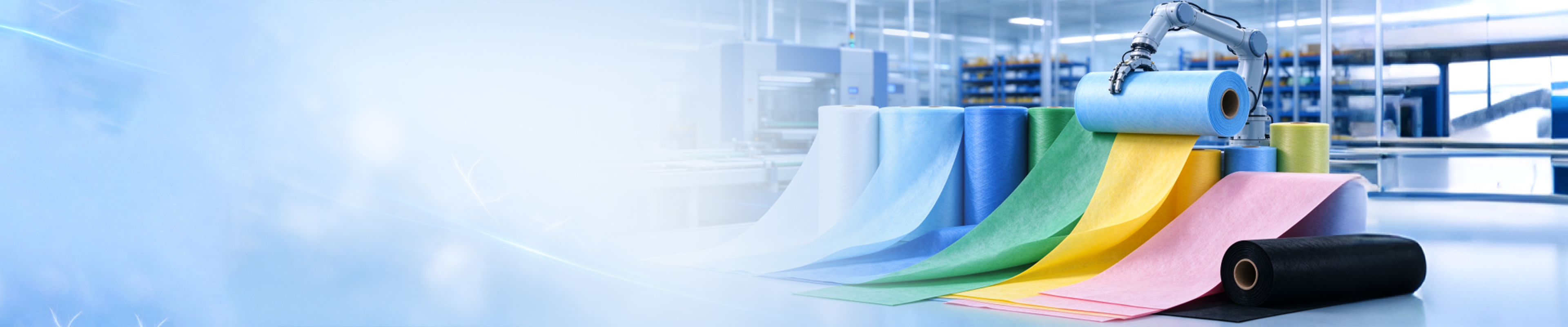 Rolls of nonwoven fabric in white, blue, green, yellow, pink and black arranged in front of a robotic arm